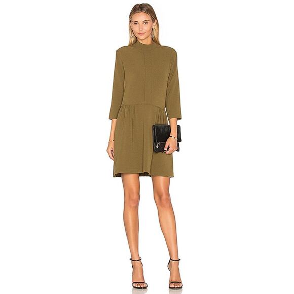 Ganni Clark Olive Green Mock Neck Shirred Waist 3/4 Sleeve Shift Mini Dress Sz S - Picture 1 of 12